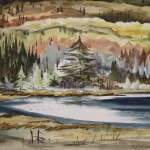 The painting portrays a landscape with a variety of textures and colours that capture the rugged terrain of Haliburton.