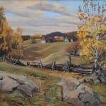 The painting showcases a farm scene along the Venosta Road, presumably in Quebec where Venosta is located. It captures the essence of autumn with its vibrant foliage in shades of yellow and orange, suggesting the time of year when leaves are changing and the harvest season is in full swing.