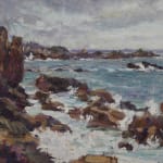 Painting of a rocky shore with waves crashing on them