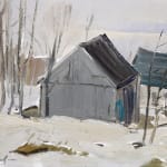 Painting of a house in winter with bare trees