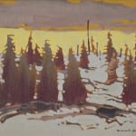 This piece appears to depict a forest at dusk or dawn, with the light filtering through the trees creating a somber yet beautiful atmosphere.