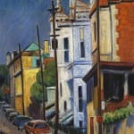 Painting of multi coloured houses in a city street view