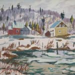"End of Winter, Masham, Quebec" by Henri Masson, circa 1975, portrays a tranquil rural scene during the transition from winter to spring. Masson's work is known for its vibrant depiction of Canadian landscapes, and this painting is a beautiful example of his style.