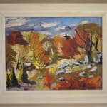 A framed photo of Autumn Forest" by Henri Masson, circa 1970, is a vivid and dynamic representation of a forest in the fall.