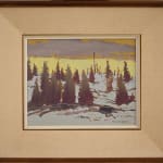 A photo of This piece appears to depict a forest at dusk or dawn, with the light filtering through the trees creating a somber yet beautiful atmosphere. framed