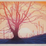 The artwork depicts a large, solitary tree with an intricate network of branches silhouetted against a warm, gradient sky that transitions from a rich orange to a soft pink.
