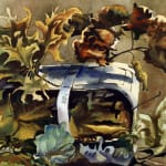 Earth-toned painting of a basket with fall leaves