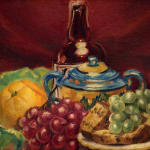 Still life painting of fruit and wine