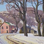 A snowy road leading to a pink-ish brick house, oil painting