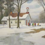 "Sunny March Day, German Mills School, circa 1970" by Tom Roberts is a painting that captures the essence of early spring in a rural school setting. The schoolhouse, painted in a pale yellow, stands in a snowy landscape, with the snow beginning to melt in the warmth of the sun, as indicated by the patches of ground showing through.