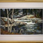 Framed photo of "Whitefish Falls," circa 1970, by Tom Roberts is a painting that captures the dynamic beauty of a waterfall and its surrounding environment. Roberts' skillful use of impasto technique is evident, with thick, textured strokes of paint that give the composition a vibrant and lively quality.