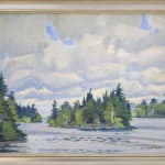 Framed "Prospect Lake, Muskoka, c 1935" is a serene oil on board painting by Peter Clapham Sheppard