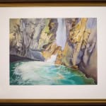 The painting is characterized by its vibrant depiction of the water's motion and the rugged textures of the canyon walls.