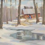 "The Maple Bush" by Tom Roberts provides a delightful and serene depiction of a winter landscape. The painting captures the essence of a cold day, where nature's stillness is punctuated by the presence of a few individuals near a rustic cabin.⁠