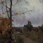 Painting of a forest with two people