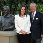 Sculptor Linda Klarfeld with Bill Roche AO with his bronze bust of Bill Roche holding a potted plant, installed at Hunter Valley Gardens.