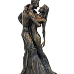 A bronze statuette titled Lovers, depicting a couple in an intimate embrace. The male figure gently holds the female figure close as they share a tender, loving gaze. Their flowing garments merge, forming a cohesive and elegant base for the sculpture.