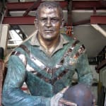 Detail view of the finely crafted facial features and uniform of Bronze statue of rugby league legend Peter 'Pedro' Gallagher