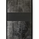 Modern abstract painting by Mathilde Lefort titled 'Mirror', featuring a minimalist design with a dark iron, cement, and ink canvas divided by a single horizontal black band. The artwork's subtle textures and monochrome palette evoke a sense of depth and introspection, reminiscent of the styles of Rothko and Soulages, focusing on the elemental and the material.