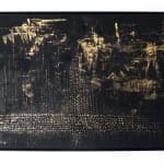 Abstract painting by Mathilde Lefort, titled 'PROPHECY', using iron, gold powder, and Arak on canvas. The artwork features a dark, heavily textured surface with vertical gold streaks and script-like markings at the bottom, suggesting ancient, almost decayed scriptures. The composition is reminiscent of a dark ocean depth with golden elements emerging as if from beneath, symbolizing the emergence of ancient wisdom or prophecy.