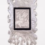 A graphite drawing by Erica Westenberger with a hyperrealistic foot ensnared by an abstracted character with twisting undulating limbs. The foot is partially submerged in a small basin. The drawing is shown here in a handmade silver frame.