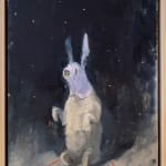 A painting by Seth Becker of a dog up on its hind legs against a dark background. The dog is wearing a lilac rabbit mask and sits within a thin red circle on the ground.