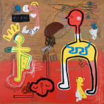 An abstract painting by Joi Murugavell of colorful cartoon figures and random words on a square plywood panel.