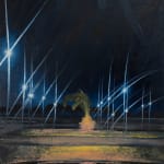 A painting by Paige DeVries of a single palm tree in an urban space lit by car headlights in the evening. Around it are small patches of grass and several streetlights.
