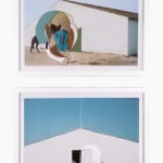A diptych by Aimee Farnet. In the top painting, the back two legs of a dark brown horse peek out from behind a colorful amorphous abstraction. The horse stands before a plain, white, domestic structure and a blue sky. In the bottom painting, The same plain white structure here faces the viewer head on, with the entrance partially obscured by a brown and white amorphous shape rendered by Farnet.
