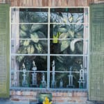 A painting by Paige DeVries of a residential window from the outside. Through the window we see plants and the outline of several sports trophies. A small plant in a plastic pot sits in the middle foreground. The house is made of brick. The window has faded green shutters.