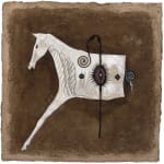 A painting by Aron John Dubois of the front half of a white horse against a dark brown paper. Abstract symbols adorn the side of the horse in black and brown.