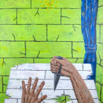 A painting by Masaru Suyama of a set of disembodied hands playing the "knife game" on a white table against a lime green wall with many cracks in it. There is a blue curtain in the corner, and a yellow lightbulb at the top of the frame.