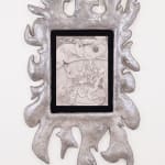 A graphite drawing by Erica Westenberger of a hyperrealistic hand holding a small frog curled in a ribbon above a bowl of water. A swan head stares down at the bowl. There is a smoking cherry bomb resting in the palm of the hand. The limb of an abstracted figure with undulating extremities curls up onto the pinky finger of the hand. The drawing is shown here in a handmade silver frame.