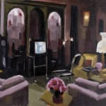A painting by Jen Keltos of a green and purple living room, with a television on in the background