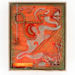 A wall relief sculpture by Erica Westenberger of an abstracted woman with long twisting limbs. Her long braid wraps around the relief. The relief is a greenish pewter color but lit up reddish orange from within.