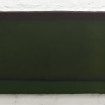 A painting by Sarah Schlesinger of a dark green shrubbery. Off to the right hand side of the canvas, a blonde horse's tail is barely visible.