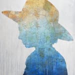 Acrylic, oil, and roadmaps painting of a women's silhouette by Slate Gray Gallery artist Christopher Peter