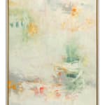 Abstract oil painting with greens, whites, oranges, and grays by slate gray gallery artist Karen Scharer