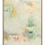 Abstract oil painting with greens, whites, oranges, and grays by slate gray gallery artist Karen Scharer