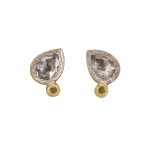 Pear-shaped rose cut diamond earrings with small round diamonds set in 14k white gold bezels with 18k yellow gold ear posts by Fringe Gallery studio jeweler Todd Pownell