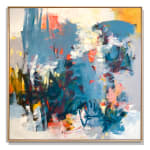 Abstract oil painting with blues, whites, oranges, and grays by slate gray gallery artist Karen Scharer