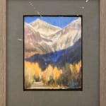 A pastel painting of Ajax peak in Telluride colorado view from main street with yellow trees by slate gray gallery artist Bruce A. Gomez