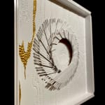 "Whiteout" a wood wall sculpture painted mostly white with a gold accent by slate gray gallery artist cie hoover