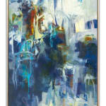 Abstract oil painting with blues, whites, oranges, and grays by slate gray gallery artist Karen Scharer