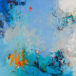 Abstract oil painting with blues, whites, oranges, and grays by slate gray gallery artist Karen Scharer