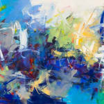 Abstract oil painting with blues, whites, greens, and yellows by slate gray gallery artist Karen Scharer