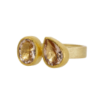 22k yellow gold ring with bezel set faceted oval and teardrop morganite by Fringe Gallery studio jeweler Petra Class