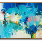 Abstract oil painting with blues, whites, pinks, and grays by slate gray gallery artist Karen Scharer