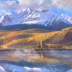 Pastel painting of a a mountain range with a body of water in front of it by Slate Gray Gallery artist Bruce A. Gomez