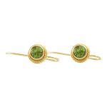 Round faceted green tourmaline and yellow gold earrings by Fringe Gallery studio jeweler Nanci Modica